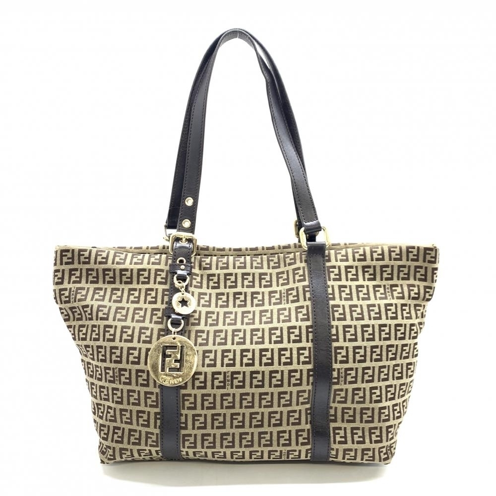 FENDI Zucchino Tote Bag Charm Canvas Leather Beige Brown